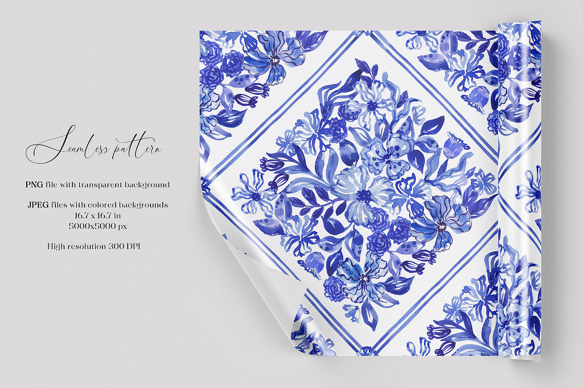 Blue Floral Portugal Mosaic Pattern, a Pattern Graphic by SirenaArt (Photo 3 of 14)