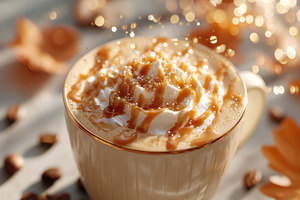Cozy caramel latte with whipped cream, a Food & Drink Photo by AlyaAnd