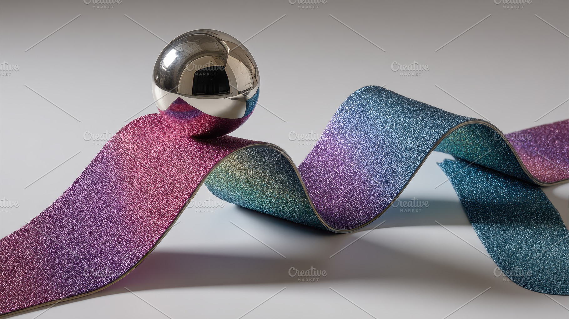 Silver sphere on iridescent wavy sur, an Abstract Photo by Pixeness Studio