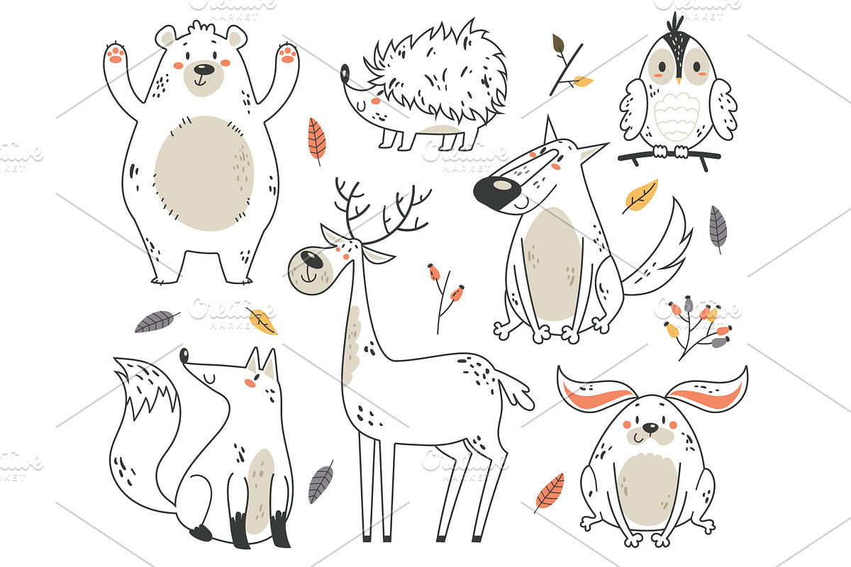 Hand drawn line art forest animals, an Animal Illustration by PrettyVectors