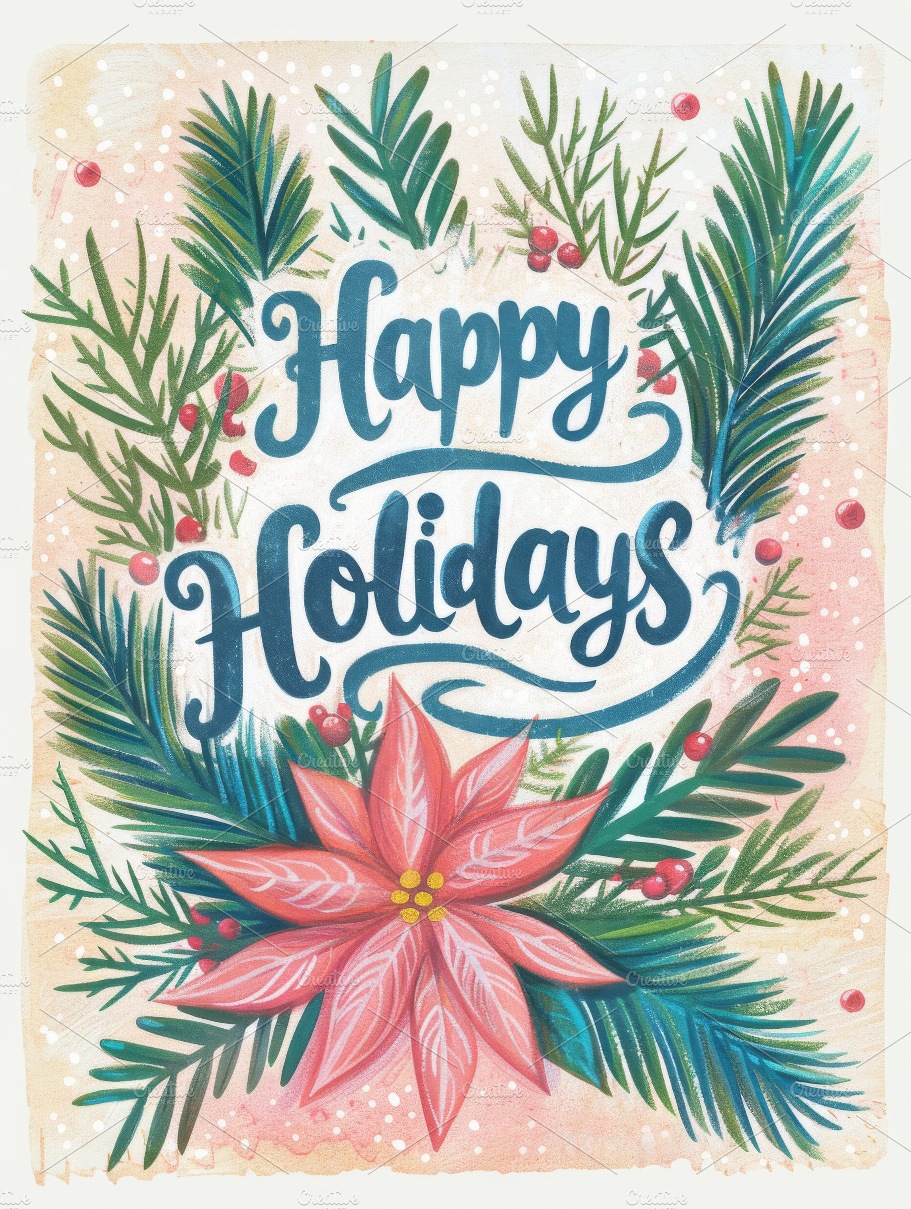 Happy Holidays text with festive poinsettia flowers in retro col, a Photo by Dvoevnore photos