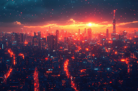 Urban skyline at sunset with vibrant, a Photo by Tanuart