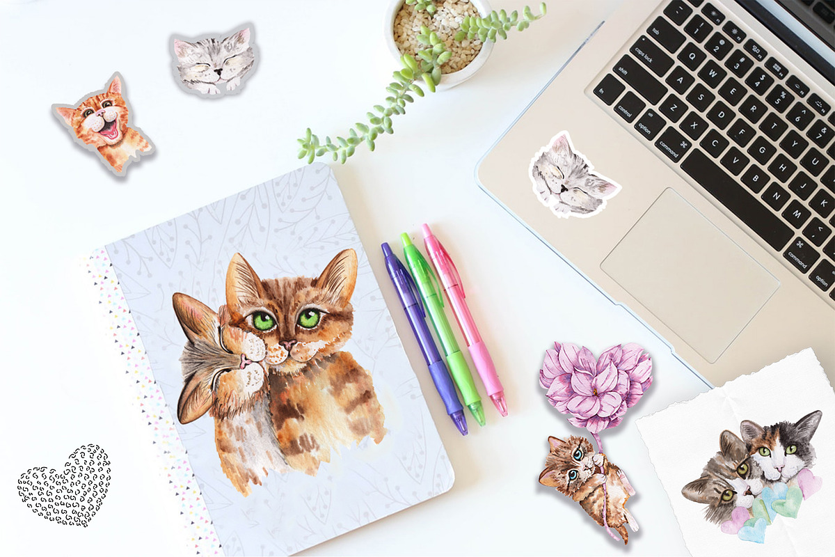 Valentine's Day Watercolor Cats, an Animal Illustration by TanataDesign (Photo 4 of 10)