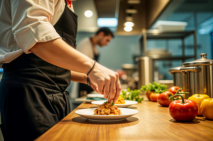 Chef plating gourmet pasta, a Photo by rarrarorro