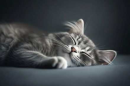 Grey cat peacefully sleeping indoors, an Animal Photo by Beautiful things