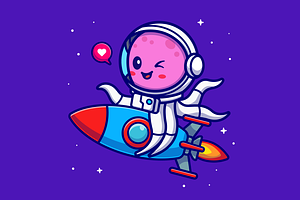 Cute Octopus Astronaut Riding Rocket