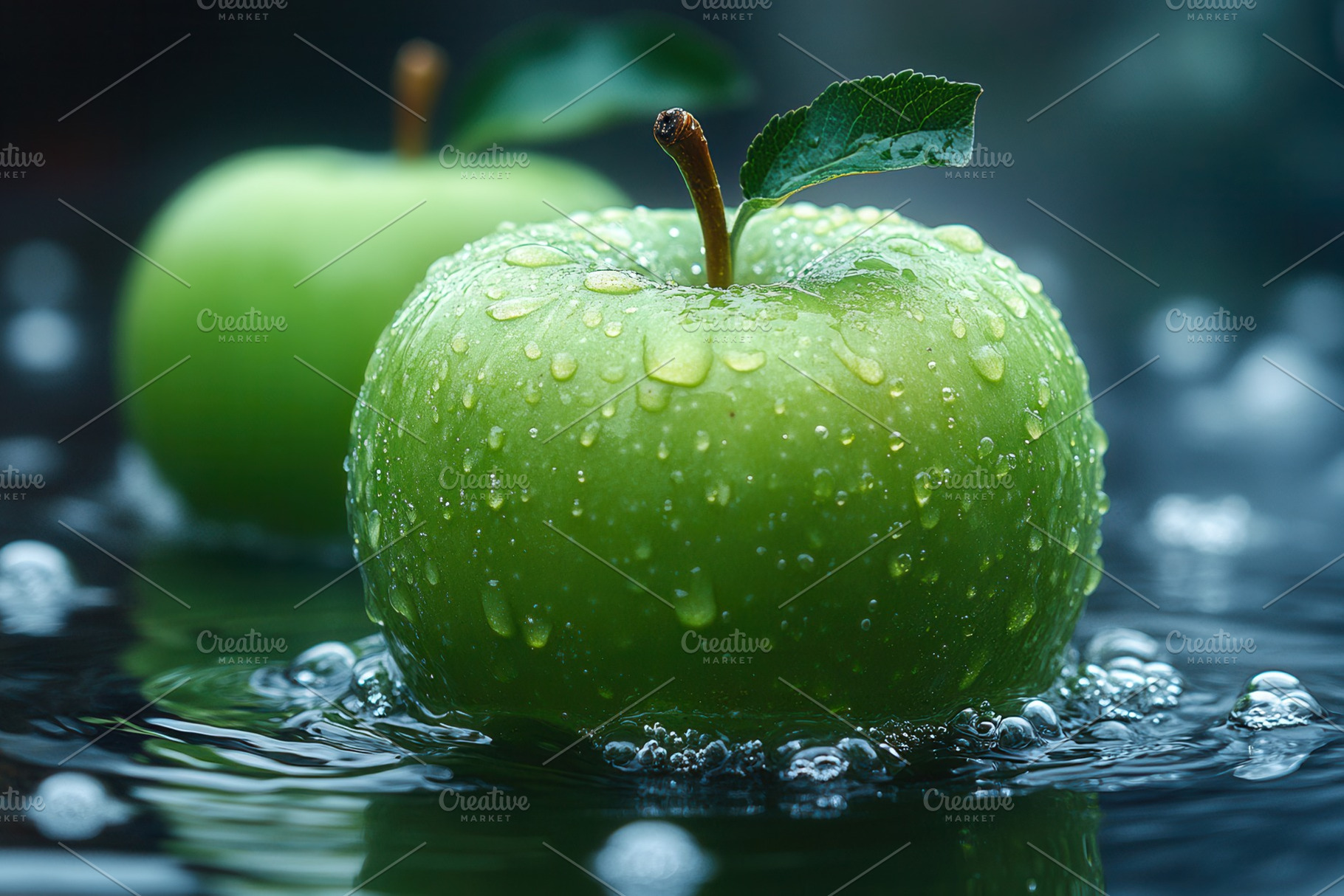 Fresh green apples floating in water, a Photo by Tanuart