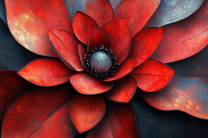 Vibrant red flower with detailed pet, a Photo by Tanuart