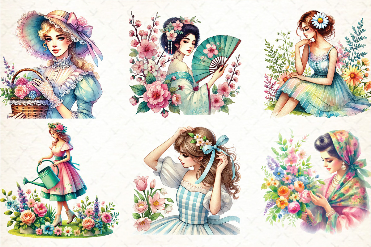 Vintage Spring Woman Clipart, an Illustration by DreamCafeArt (Photo 2 of 5)
