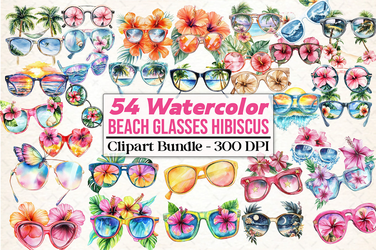 Tropical Summer Beach Glasses Hibisc, an Illustration by DreamCafeArt (Photo 1 of 5)