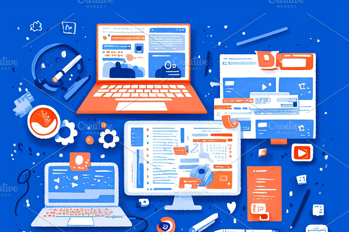 Digital workspace with multiple laptops showcasing detailed computer interface, an Illustration by AS photostudio