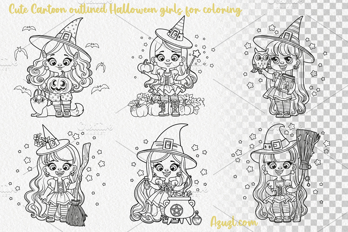 Cute cartoon Halloween witch girls, an Illustration by Azuzlikus (Photo 2 of 4)