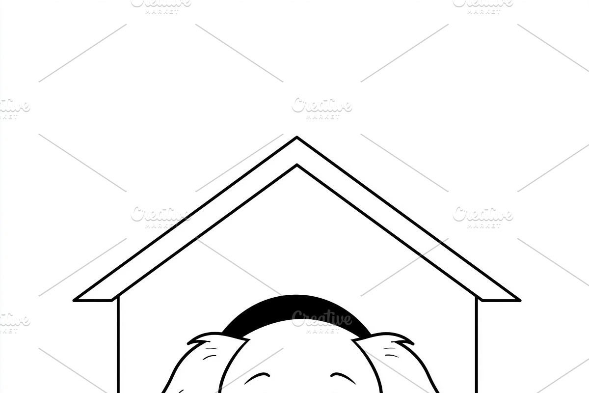 Cute cartoon puppy sitting in front of its doghouse, a line art, an Illustration by Studio ANNA