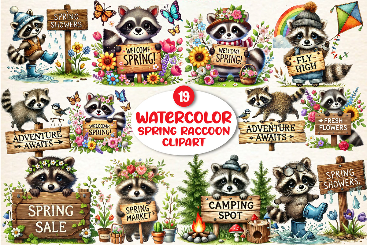 Spring Raccoon Wooden Signs Clipart, a Seasonal Illustration by DreamArtGraphic (Photo 1 of 5)