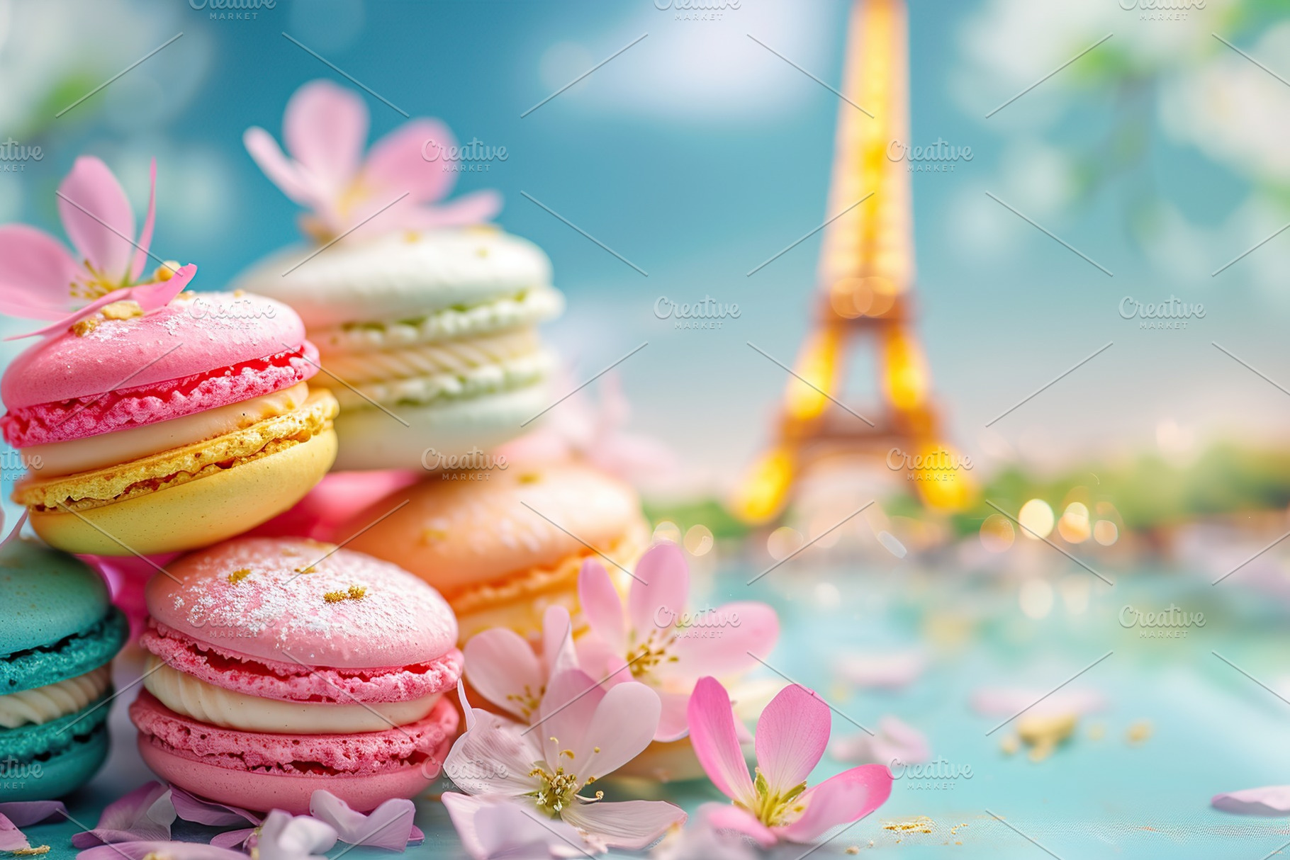 French tasty macarons on Eiffel Tower background, a Food & Drink Photo by AlyaAnd