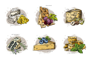 Watercolor set of cheese types with, a Food Illustration by Sabelskaya