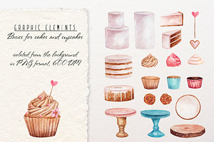 Cakes. Sweet Watercolor Clipart