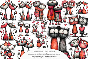 Valentine Romantic Cat Couple Clipar, an Illustration by SinaCreation