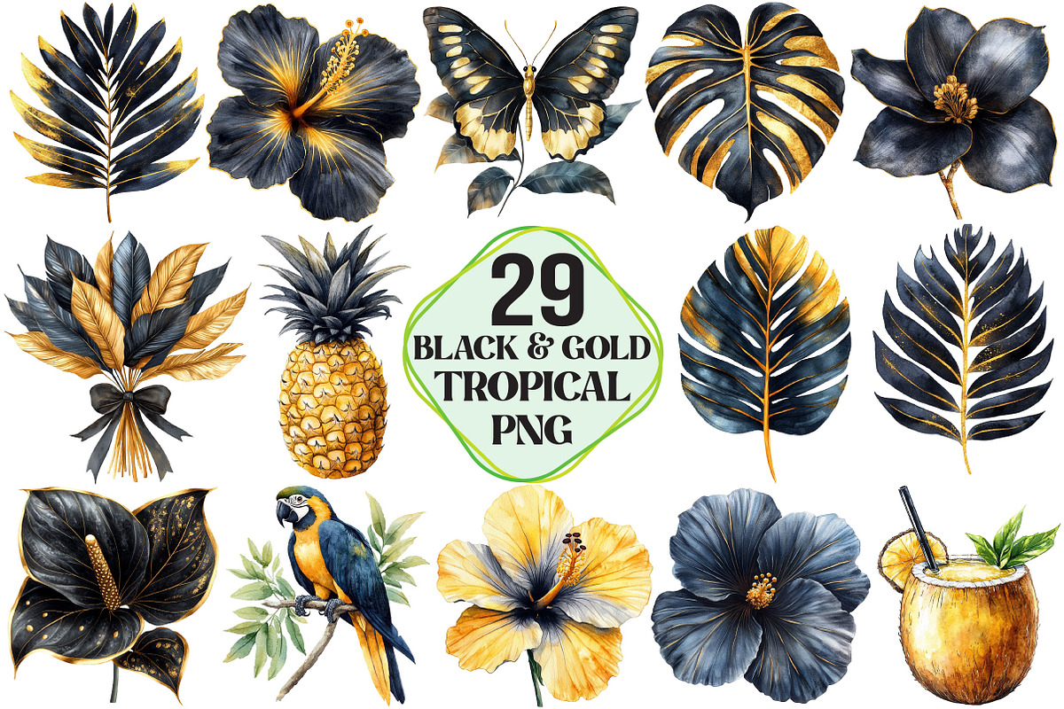 Black and Gold Tropical Clipart, an Illustration by Pixels.Craft (Photo 1 of 7)