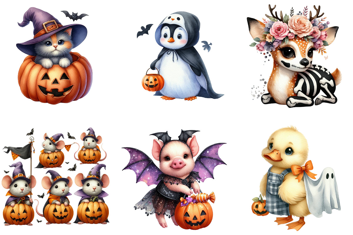 Cute Animal Halloween Clipart, an Illustration by DreamArtGraphic (Photo 2 of 5)