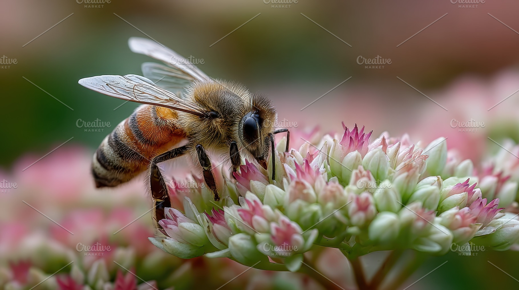 Honeybee on Pink Flowers Nature Clos, a Photo by Pixeness Studio
