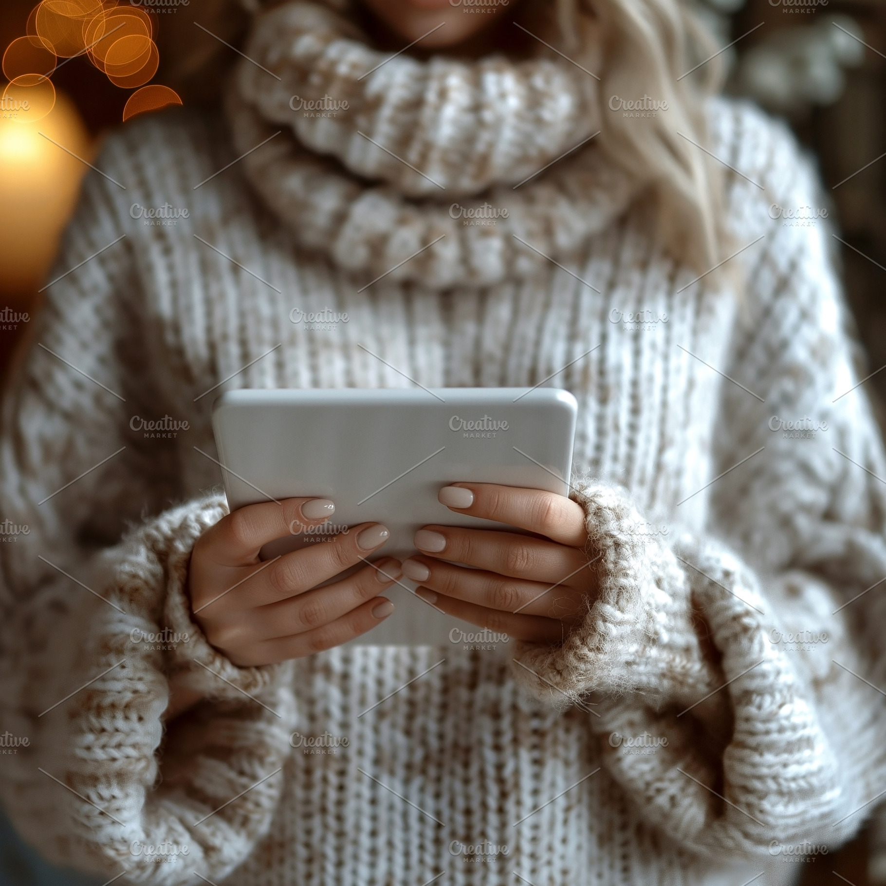 Cozy female holding a tablet in a warm, knitted sweater, creating a sense of co, a Person Photo by ImageMir
