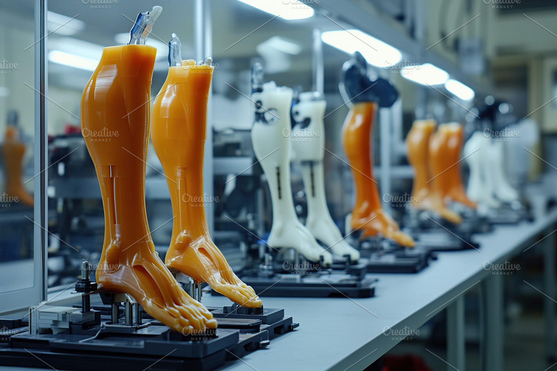 Innovative designs of prosthetic limbs displayed in a high-tech workshop, an Industrial Photo by AlyaAnd