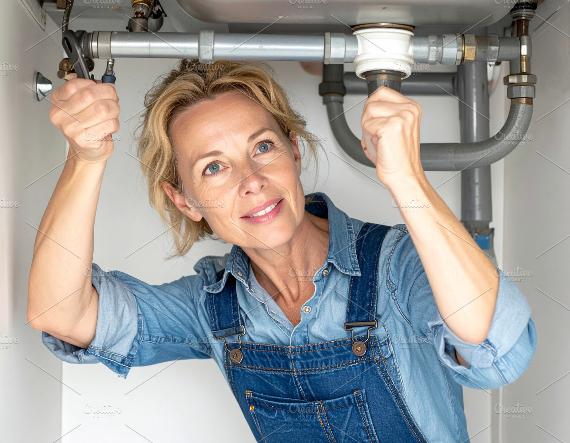 Man plumber fixing pipes under a sink., an Industrial Photo by DanFLCreativo