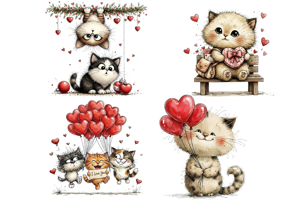 Whimsical Valentine Cat Clipart PNG, an Animal Illustration by maryamdesignarts (Photo 3 of 12)