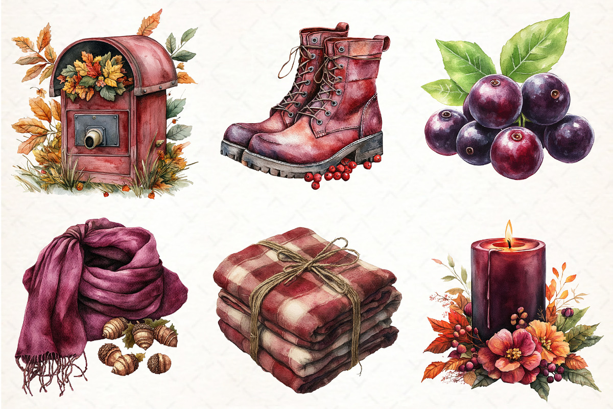 Watercolor Burgundy Autumn Clipart, an Illustration by Pixels.Craft (Photo 3 of 7)