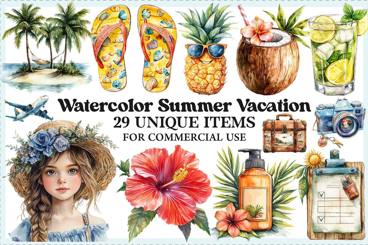 Watercolor Summer Vacation Clipart, an Illustration by Craft Nest (Photo 1 of 9)