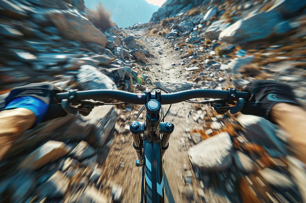 Cyclist on mountain bike riding on a bike on mountain track, a Sports & Recreation Photo by AlyaAnd