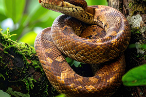 Coiled brown snake on a mossy branch in rainforest