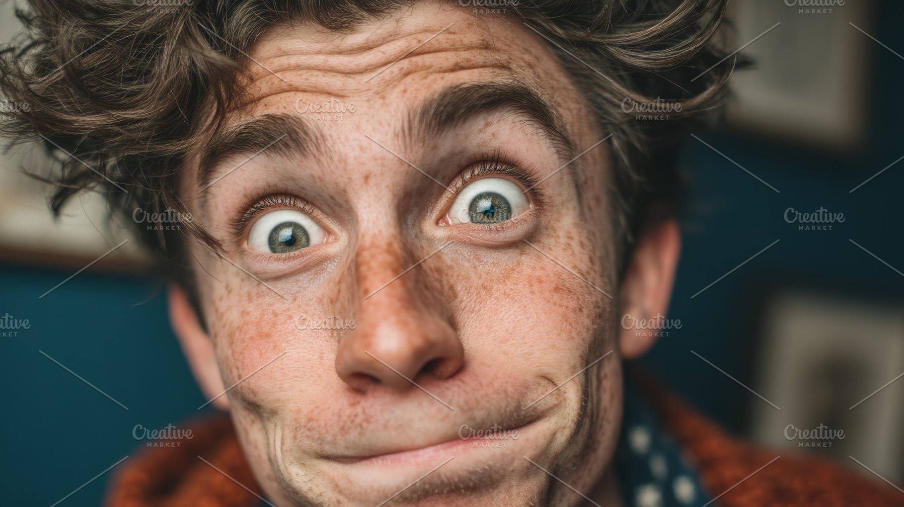 Freckled young man with a surprised, funny expression portrait for humorous lif, a Photo by AS photostudio