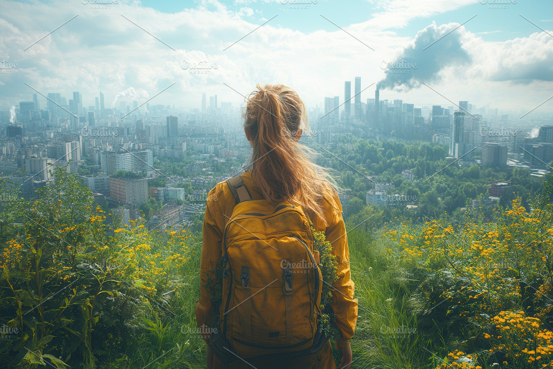 Individual with a yellow backpack ov, a Photo by Tanuart