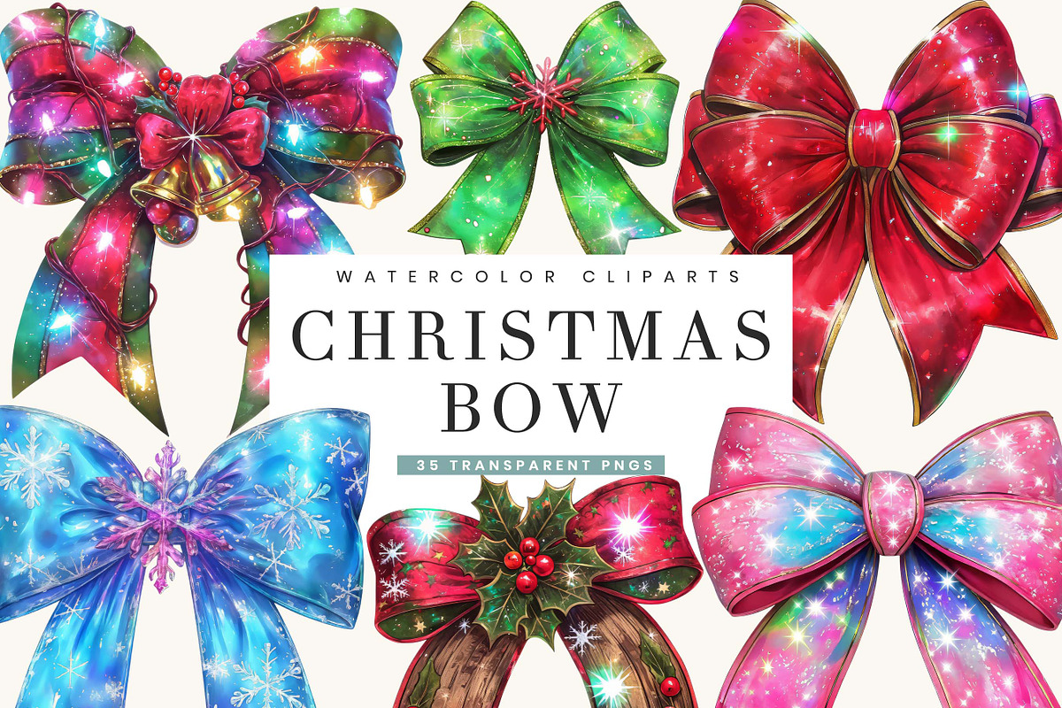 Watercolor Christmas Bow Clipart, a Decorative Illustration by BusyDaydesign (Photo 1 of 9)