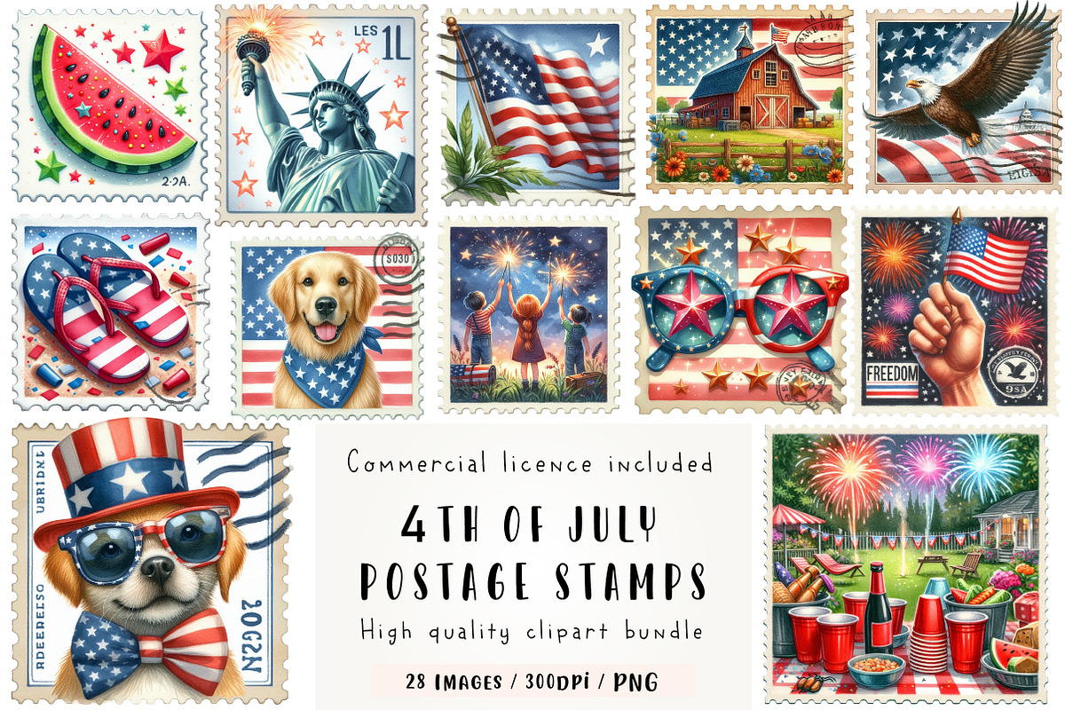 4th of July Postage Stamps Clipart, an Illustration by CreationArt (Photo 1 of 5)