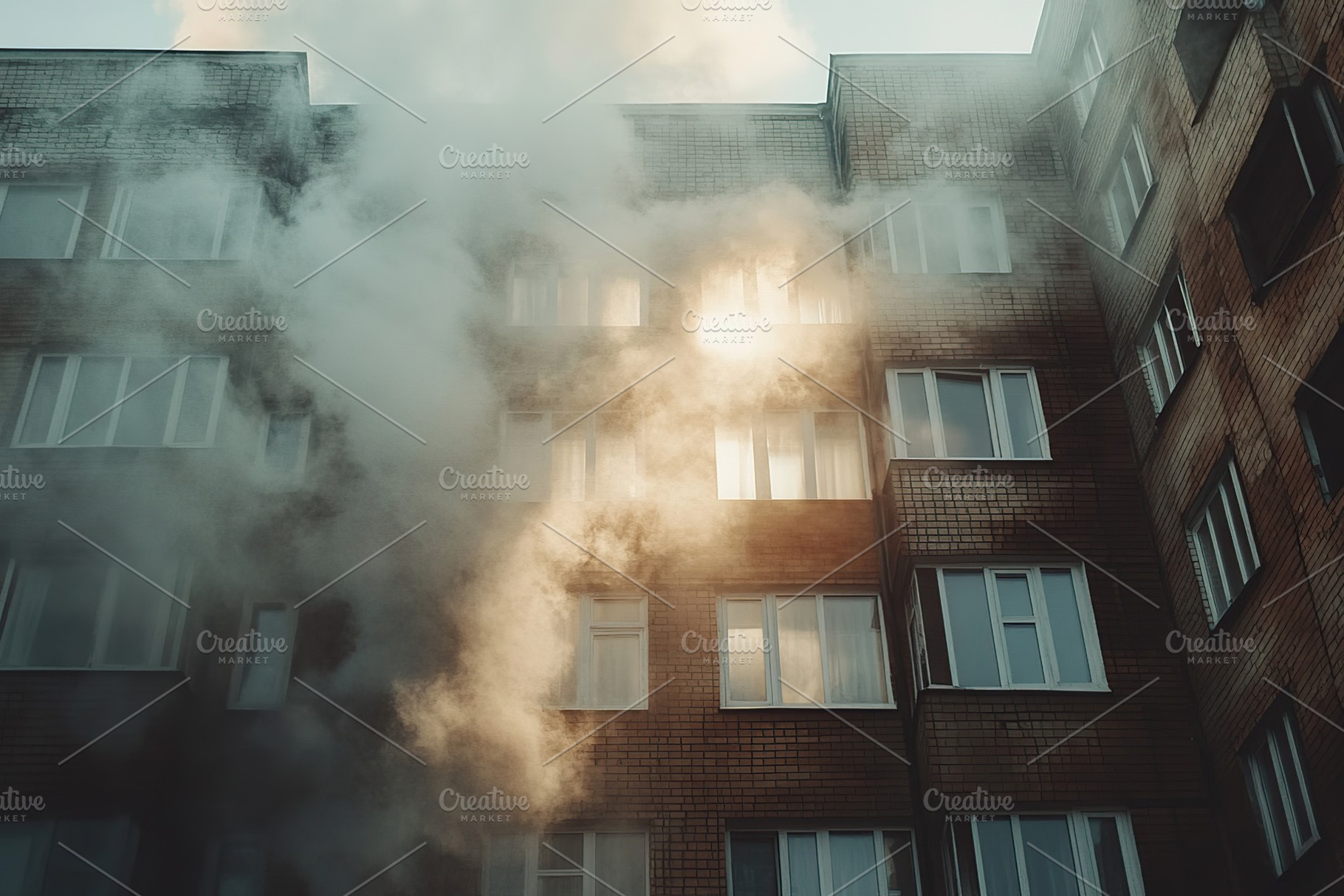 Apartments in high building with smoke and fire, an Architecture Photo by AlyaAnd