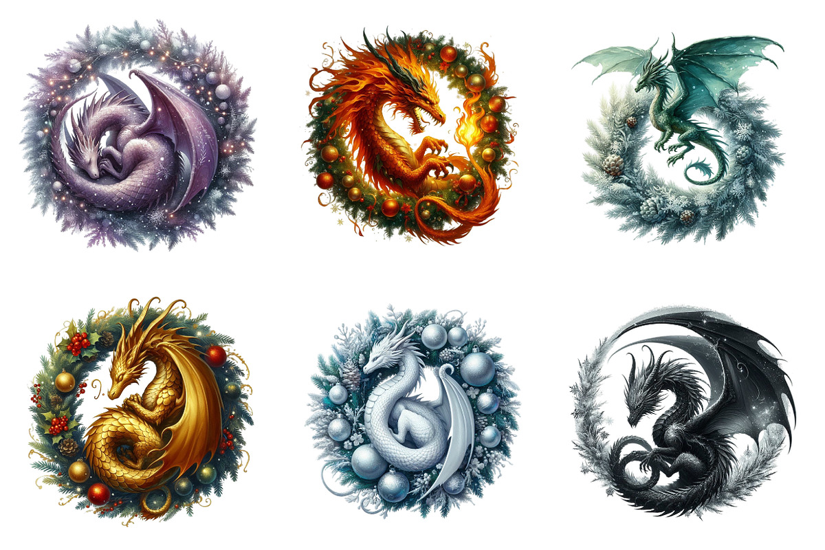 Watercolor Christmas Dragons Clipart, an Illustration by SinaCreation (Photo 4 of 7)
