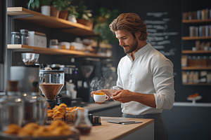 Barista skillfully prepares a steami, a Photo by Tanuart