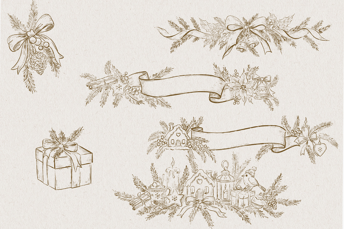 Victorian Line Art Christmas Set, a Decorative Illustration by AlenaVlasko stock Market (Photo 4 of 13)
