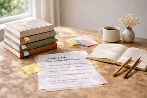 Book club scene with discussion pape, a Photo by Dvoevnore photos