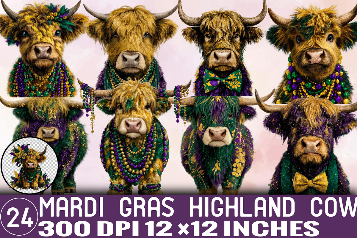 Cute Mardi Gras Highland Cow Clipart, an Illustration by SVGArt (Photo 1 of 7)