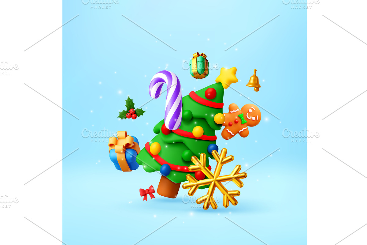 3d Christmas tree and festive decor, an Object Illustration by Abscent