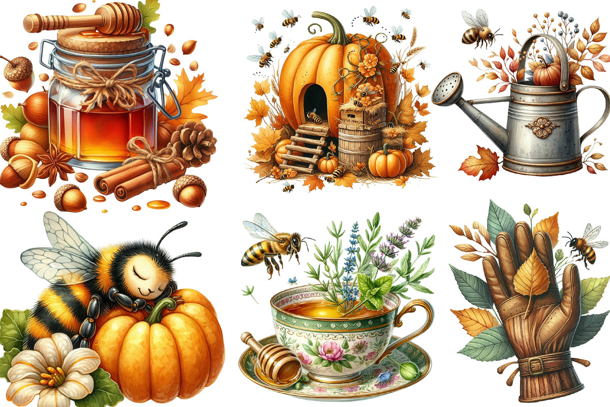 Watercolor Autumn Bees Garden PNG, an Illustration by Designking (Photo 3 of 4)