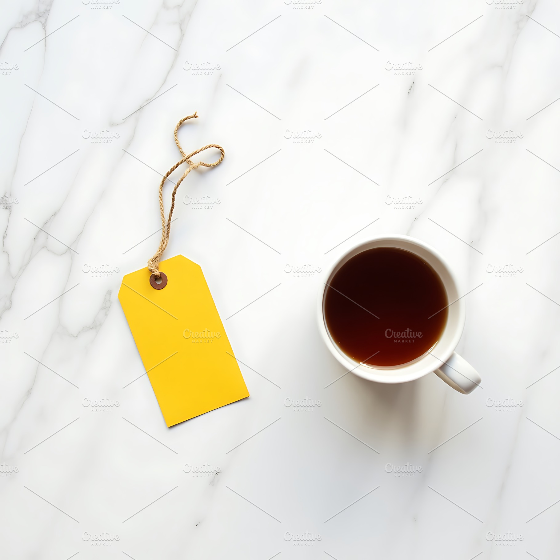 Bright yellow tag and coffee cup on, an Industrial Photo by Artonix