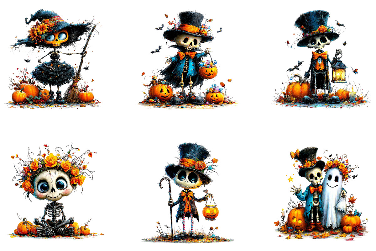 Cute Skeleton Halloween Clipart, a Seasonal Illustration by CreationArt (Photo 2 of 5)