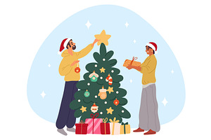 Man and woman decorate Christmas, an Illustration by Vectorbuum
