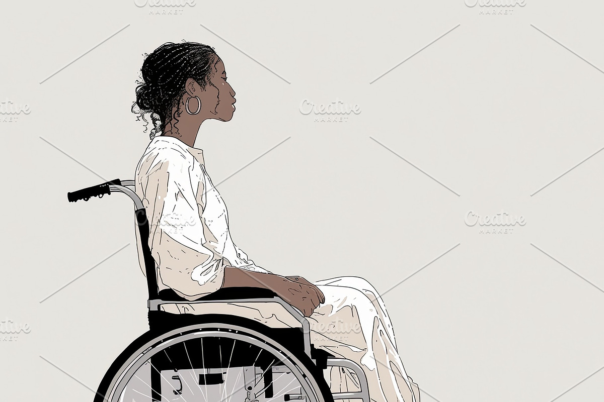 Side view of a woman in a wheelchair wearing a serene expression, an Illustration by AS photostudio