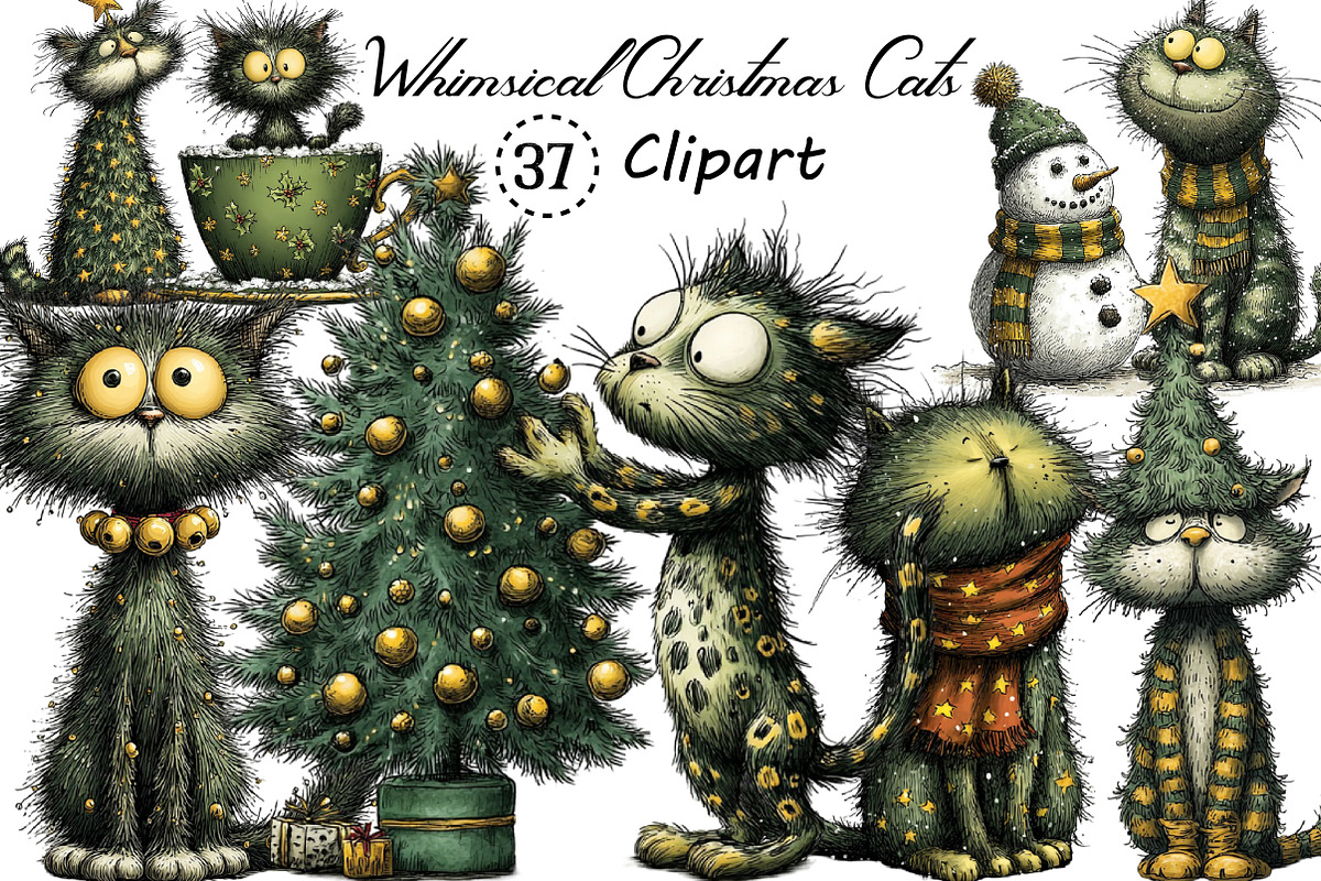 Whimsical Christmas Cats Clipart, an Illustration by Creative Art (Photo 1 of 10)